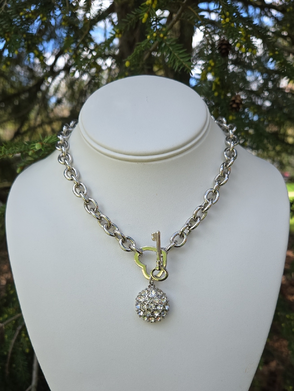 Guess Silver-Tone Crystal Ball Heart Key Toggle Necklace - Women Jewelry - Picture 14 of 16